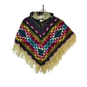 Benoit Kids Colorful Fringed 100% Alpaca Hooded Poncho Made in Ecuador